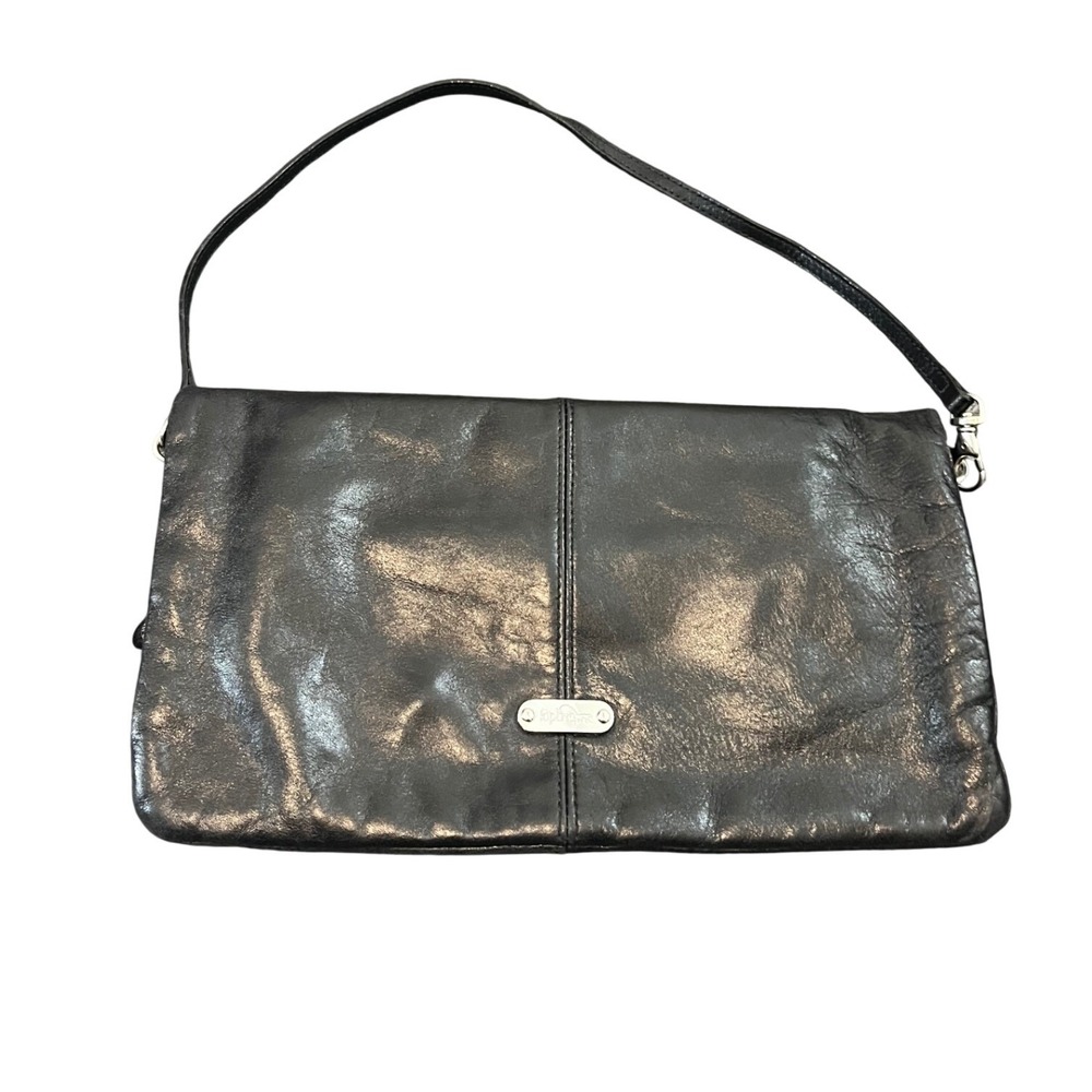 Kipling Foldover Clutch Bag Womens OS Black Leather Zip Top Wristlet Handbag